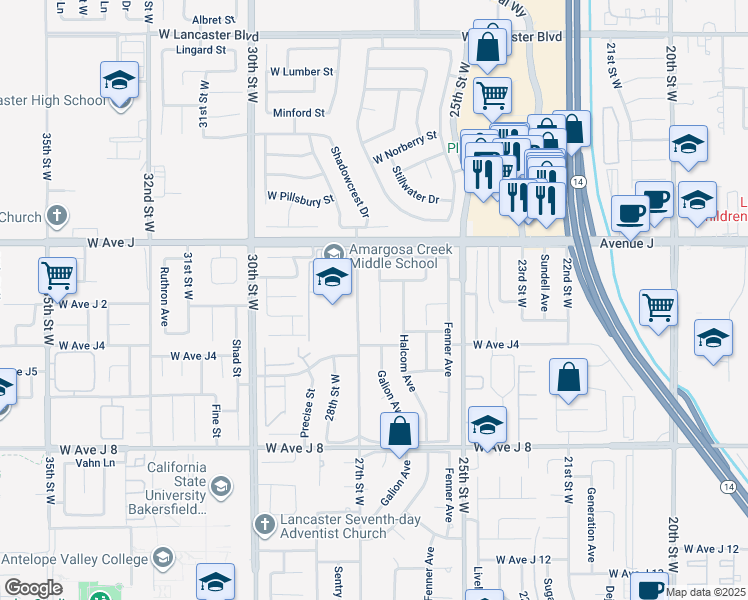 map of restaurants, bars, coffee shops, grocery stores, and more near 44245 Galion Avenue in Lancaster