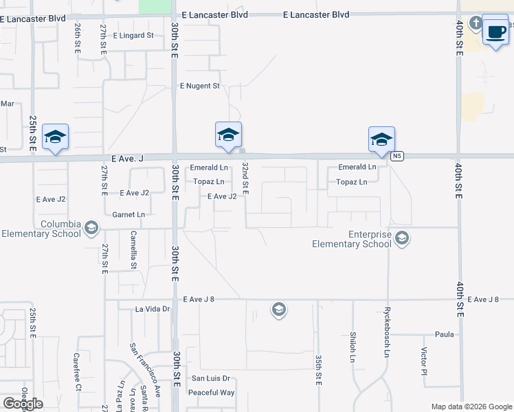 map of restaurants, bars, coffee shops, grocery stores, and more near 3152 East Avenue J2 in Lancaster