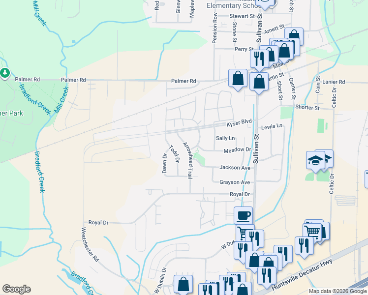 map of restaurants, bars, coffee shops, grocery stores, and more near 116 Todd Drive in Madison