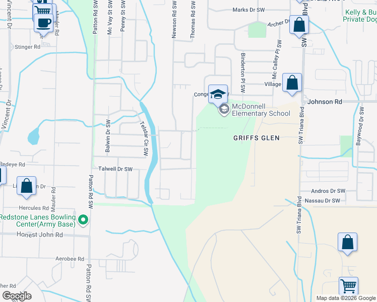 map of restaurants, bars, coffee shops, grocery stores, and more near 3612 Conger Road Southwest in Huntsville