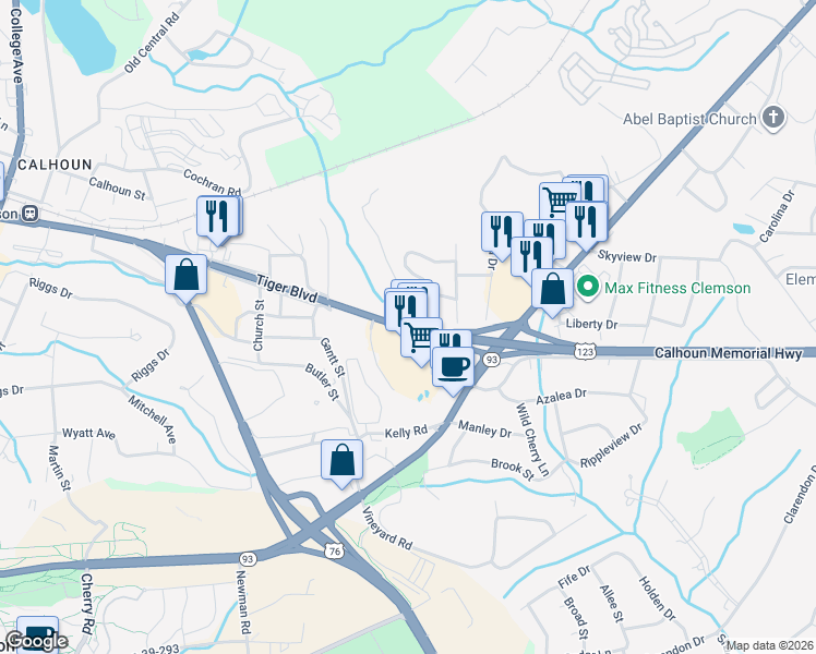 map of restaurants, bars, coffee shops, grocery stores, and more near Calhoun Memorial Highway in Clemson
