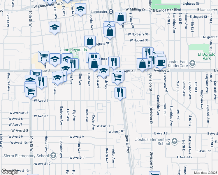 map of restaurants, bars, coffee shops, grocery stores, and more near 44254 Beech Avenue in Lancaster