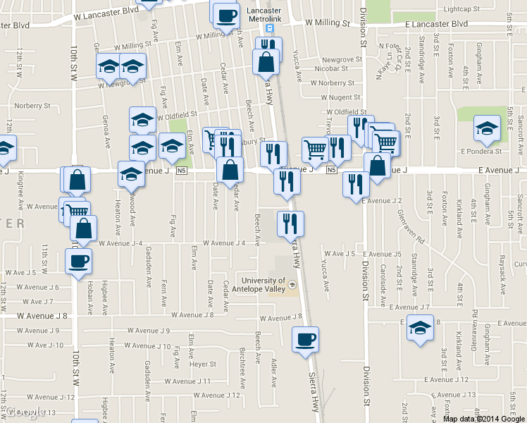 map of restaurants, bars, coffee shops, grocery stores, and more near 44249 Beech Avenue in Lancaster