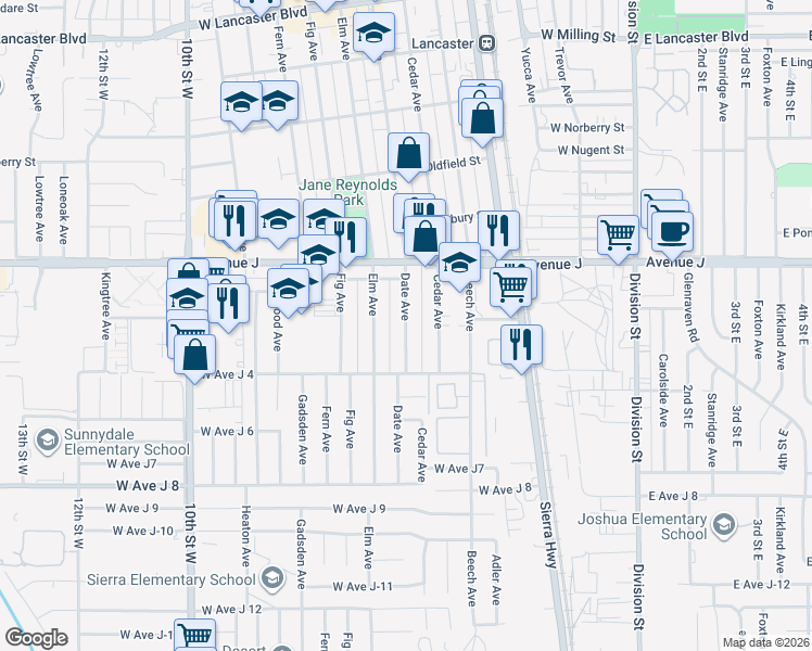 map of restaurants, bars, coffee shops, grocery stores, and more near 44259 Date Avenue in Lancaster