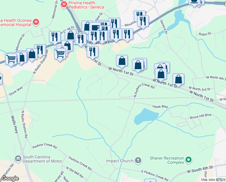 map of restaurants, bars, coffee shops, grocery stores, and more near 258 Clinkscale Road in Seneca