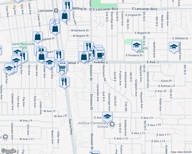 map of restaurants, bars, coffee shops, grocery stores, and more near 44277 Carolside Avenue in Lancaster
