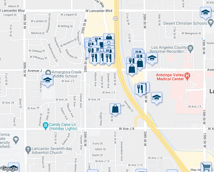 map of restaurants, bars, coffee shops, grocery stores, and more near 44255 Sundell Avenue in Lancaster
