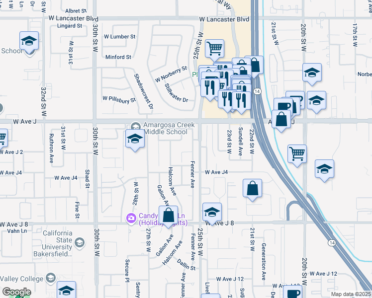 map of restaurants, bars, coffee shops, grocery stores, and more near 2533 Lawrence Avenue in Lancaster