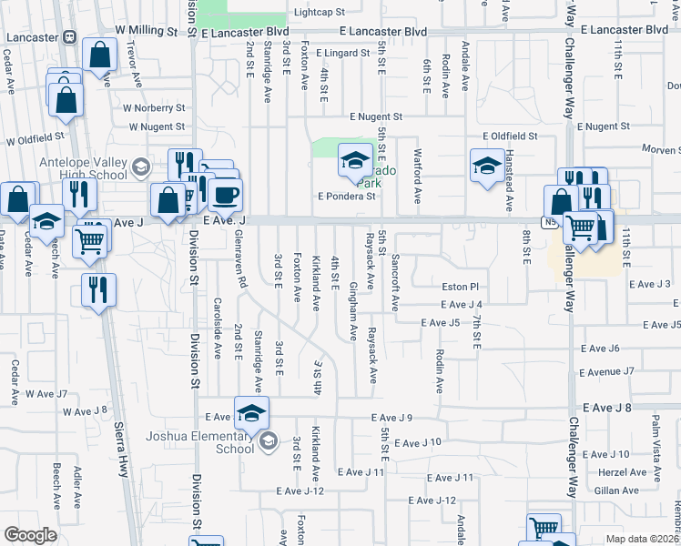 map of restaurants, bars, coffee shops, grocery stores, and more near 44258 4th Street East in Lancaster