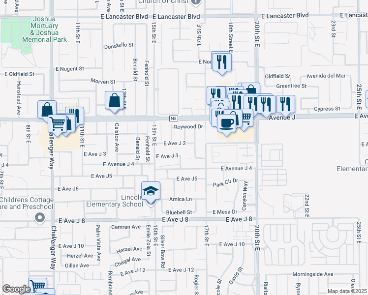 map of restaurants, bars, coffee shops, grocery stores, and more near 1610 East Avenue J2 in Lancaster