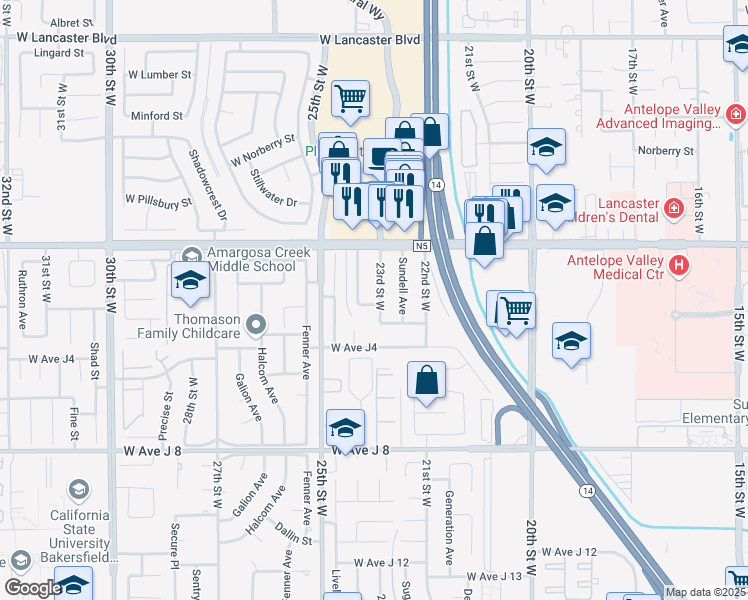 map of restaurants, bars, coffee shops, grocery stores, and more near 44259 23rd Street West in Lancaster