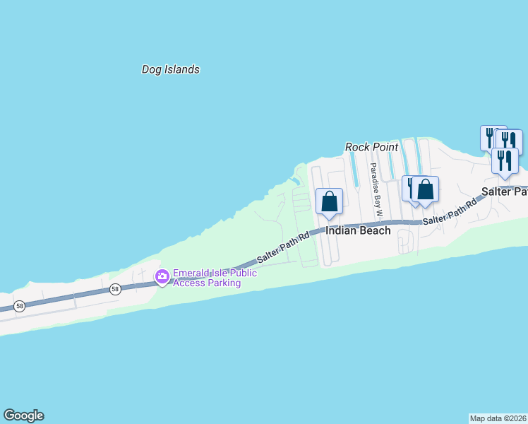 map of restaurants, bars, coffee shops, grocery stores, and more near 1700 Salter Path Road in Salter Path