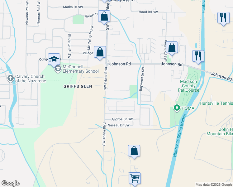 map of restaurants, bars, coffee shops, grocery stores, and more near 3103 Chelsea Lane Southwest in Huntsville