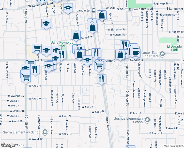 map of restaurants, bars, coffee shops, grocery stores, and more near 44254 Beech Avenue in Lancaster