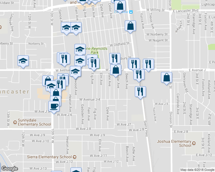 map of restaurants, bars, coffee shops, grocery stores, and more near 44259 Date Avenue in Lancaster