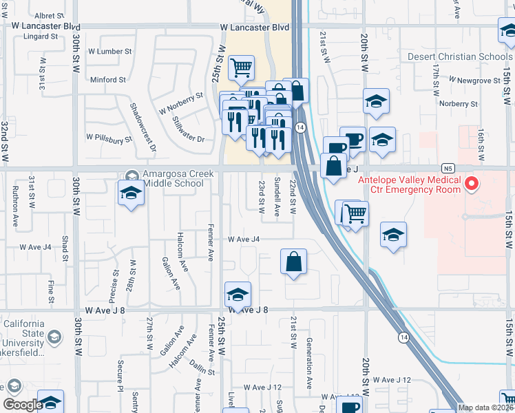 map of restaurants, bars, coffee shops, grocery stores, and more near 44259 23rd Street West in Lancaster