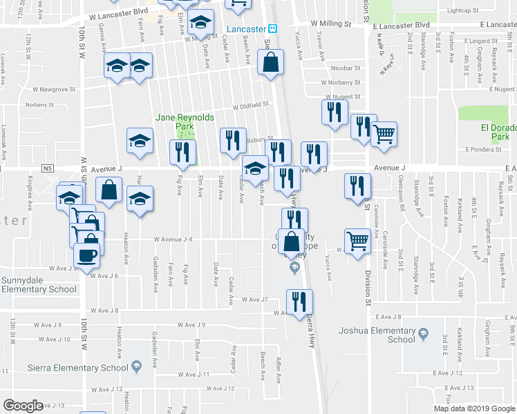 map of restaurants, bars, coffee shops, grocery stores, and more near 44249 Beech Avenue in Lancaster