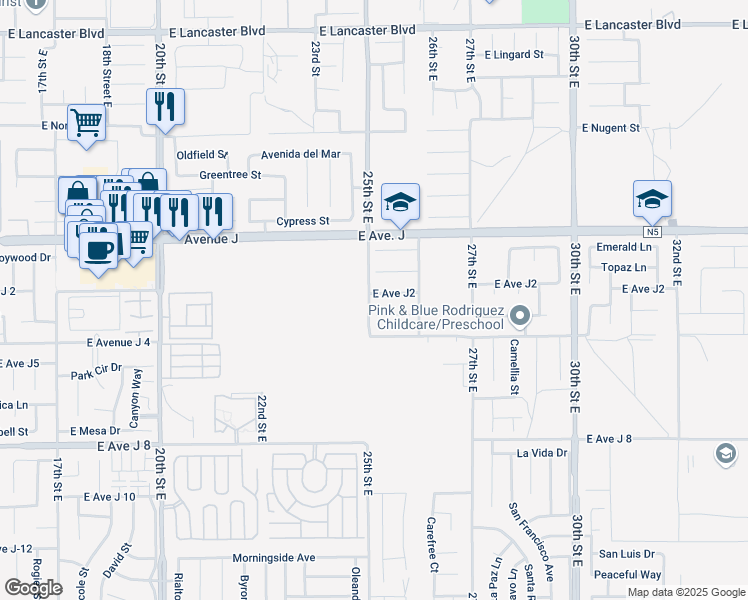 map of restaurants, bars, coffee shops, grocery stores, and more near 2502 East Avenue J2 in Lancaster