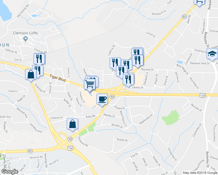 map of restaurants, bars, coffee shops, grocery stores, and more near 100 Fabrica Street in Clemson