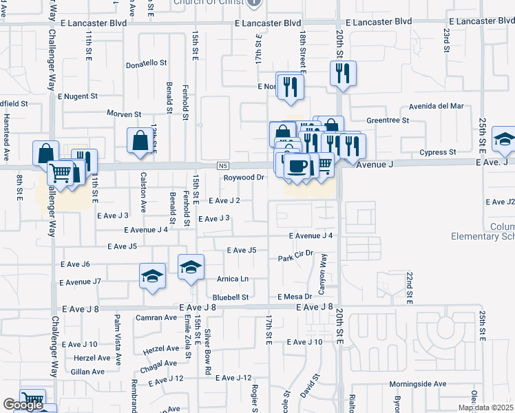 map of restaurants, bars, coffee shops, grocery stores, and more near 44256 Sunmist Court in Lancaster