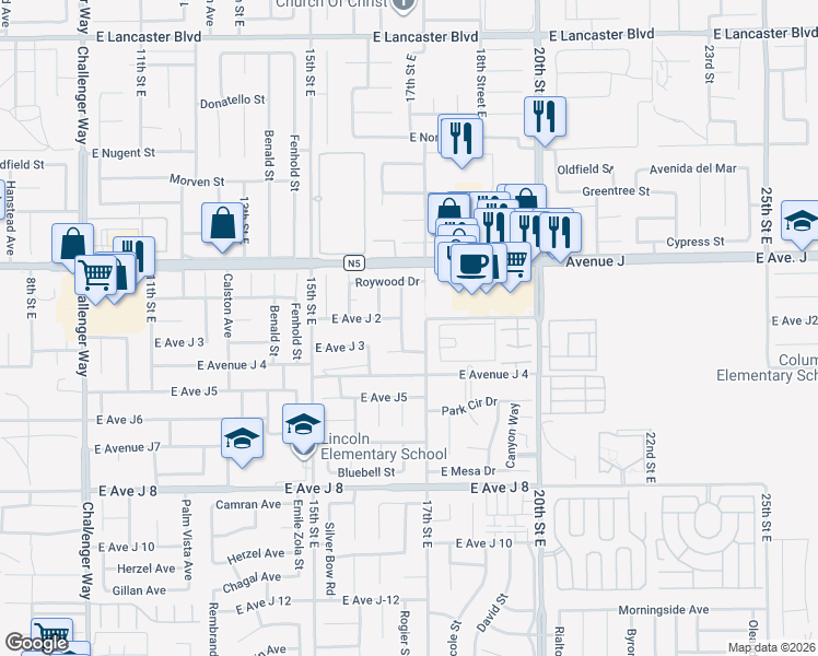 map of restaurants, bars, coffee shops, grocery stores, and more near 44256 Sunmist Court in Lancaster