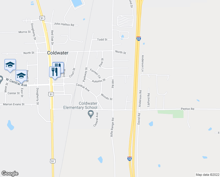 map of restaurants, bars, coffee shops, grocery stores, and more near 653 Hill Road in Coldwater