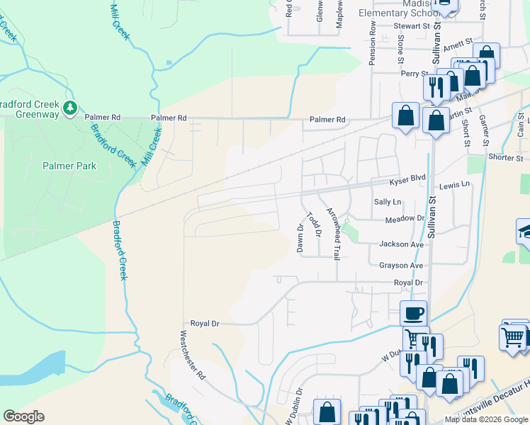 map of restaurants, bars, coffee shops, grocery stores, and more near 121 Todd Drive in Madison