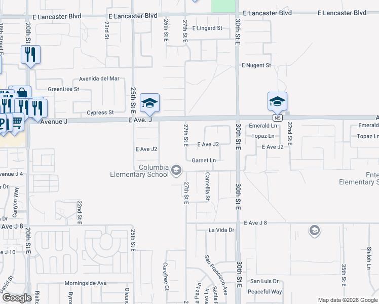 map of restaurants, bars, coffee shops, grocery stores, and more near 44248 27th Street East in Lancaster