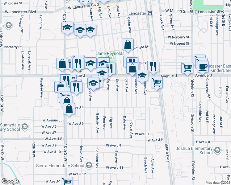map of restaurants, bars, coffee shops, grocery stores, and more near 44257 Elm Avenue in Lancaster