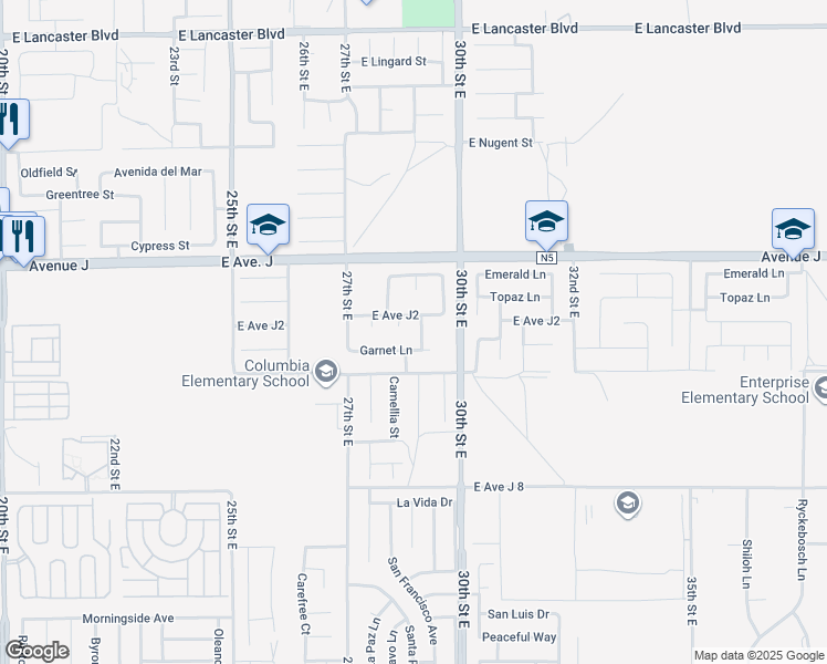 map of restaurants, bars, coffee shops, grocery stores, and more near 44247 Begonia Street in Lancaster