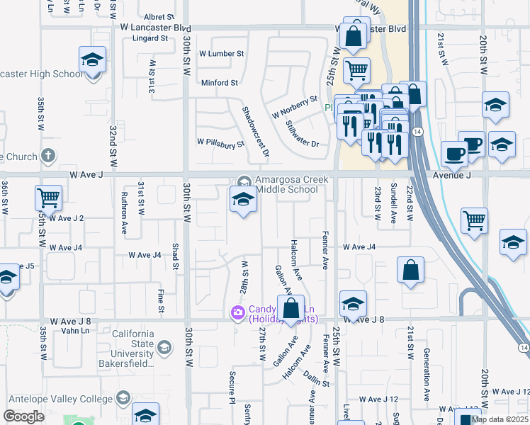 map of restaurants, bars, coffee shops, grocery stores, and more near 44260 27th Street West in Lancaster