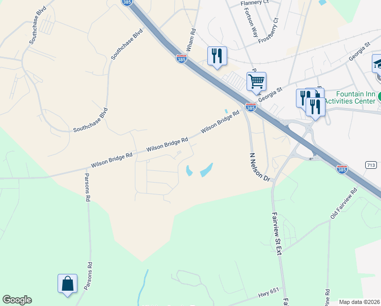 map of restaurants, bars, coffee shops, grocery stores, and more near 119 Wilson Bridge Road in Fountain Inn