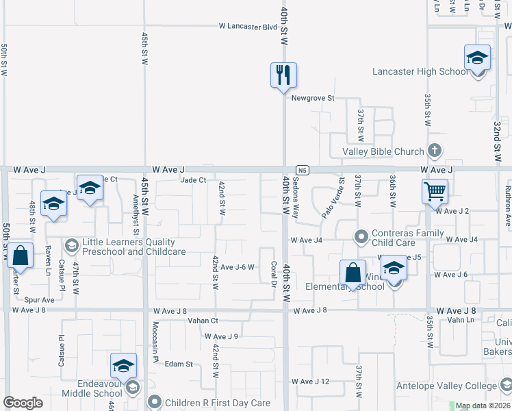 map of restaurants, bars, coffee shops, grocery stores, and more near 44249 Westridge Drive in Lancaster