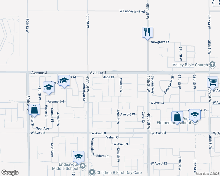 map of restaurants, bars, coffee shops, grocery stores, and more near 44304 43rd Street West in Lancaster