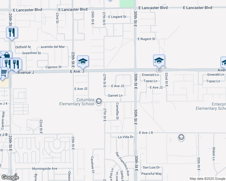 map of restaurants, bars, coffee shops, grocery stores, and more near 44252 Dahlia Street in Lancaster