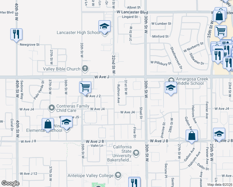 map of restaurants, bars, coffee shops, grocery stores, and more near 44245 Ruthron Avenue in Lancaster