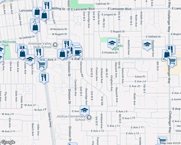 map of restaurants, bars, coffee shops, grocery stores, and more near 44319 3rd Street East in Lancaster