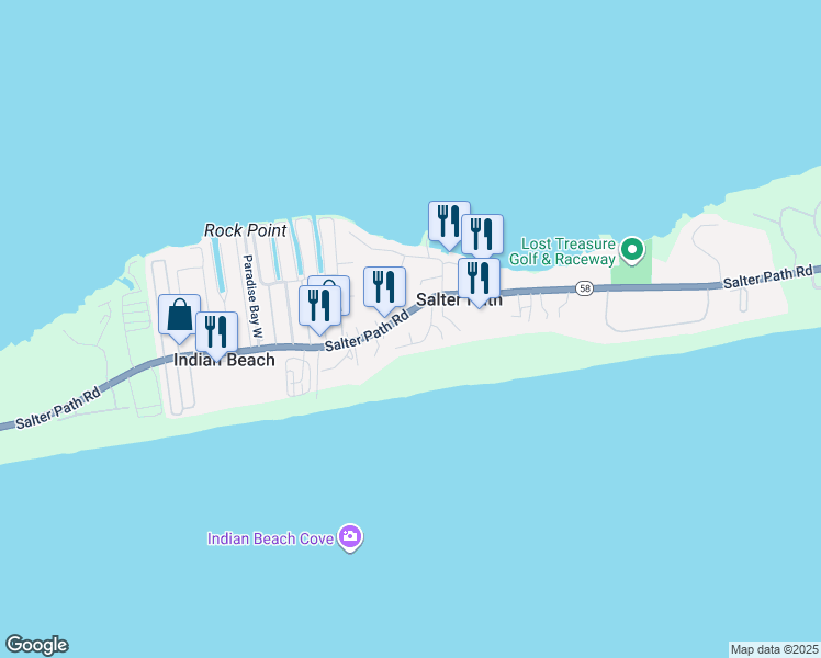 map of restaurants, bars, coffee shops, grocery stores, and more near 1283 Salter Path Road in Atlantic Beach