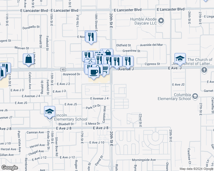map of restaurants, bars, coffee shops, grocery stores, and more near 1850 East Avenue H10 in Lancaster