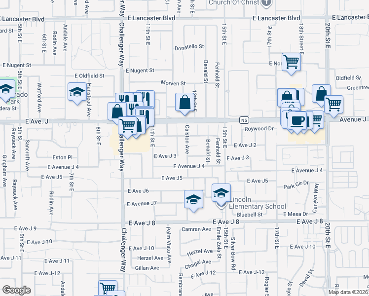 map of restaurants, bars, coffee shops, grocery stores, and more near 44245 Calston Avenue in Lancaster
