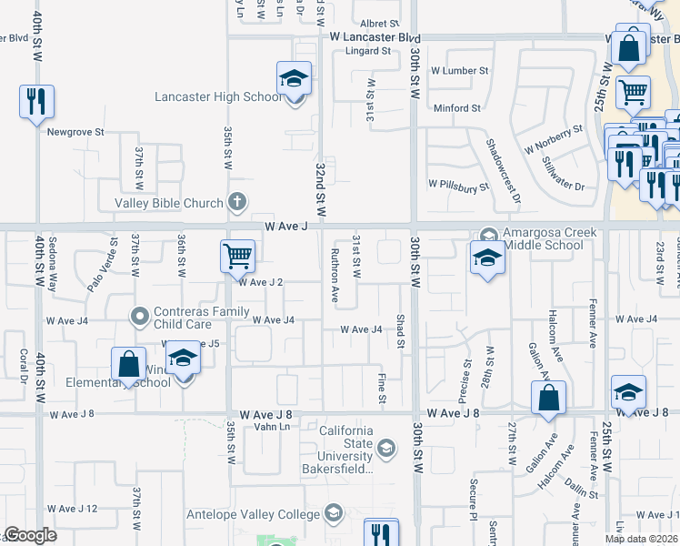 map of restaurants, bars, coffee shops, grocery stores, and more near 44245 Ruthron Avenue in Lancaster