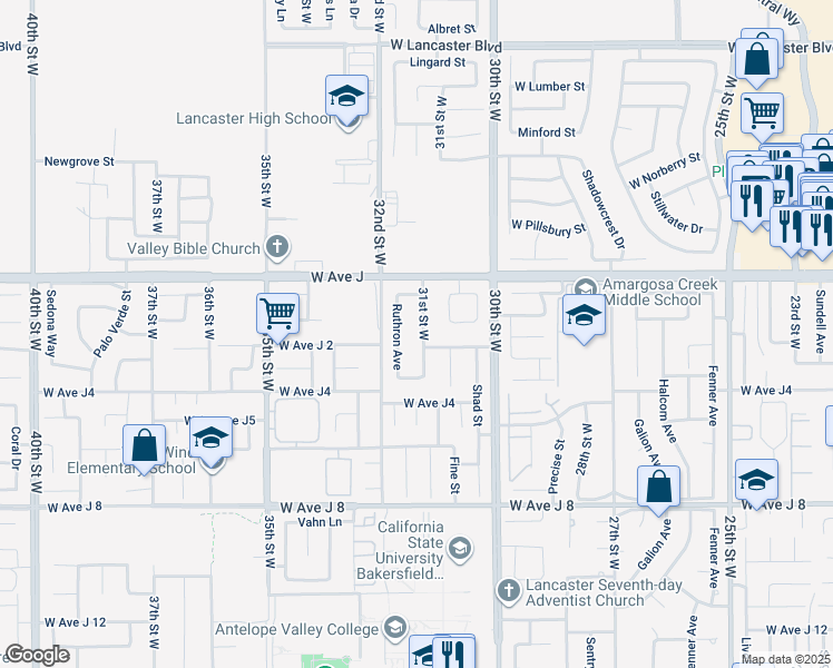 map of restaurants, bars, coffee shops, grocery stores, and more near 44315 31st Street West in Lancaster