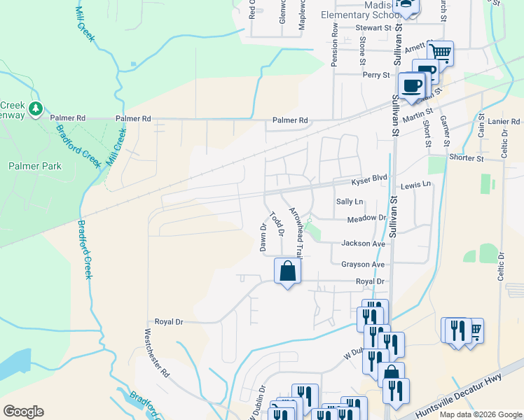 map of restaurants, bars, coffee shops, grocery stores, and more near 121 Todd Drive in Madison