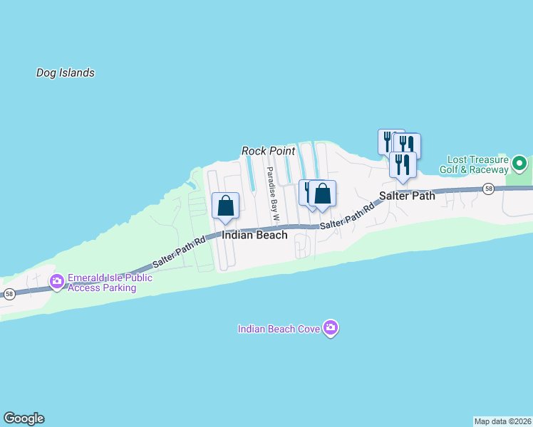 map of restaurants, bars, coffee shops, grocery stores, and more near 1510 Salter Path Road in Atlantic Beach