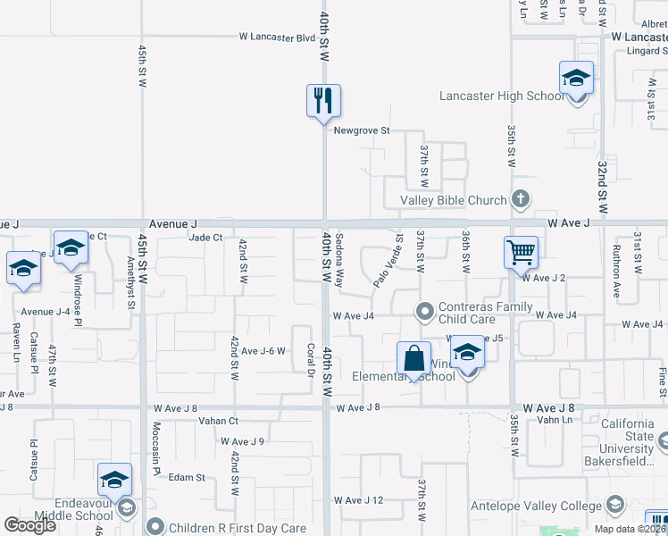 map of restaurants, bars, coffee shops, grocery stores, and more near 44237 Sedona Way in Lancaster