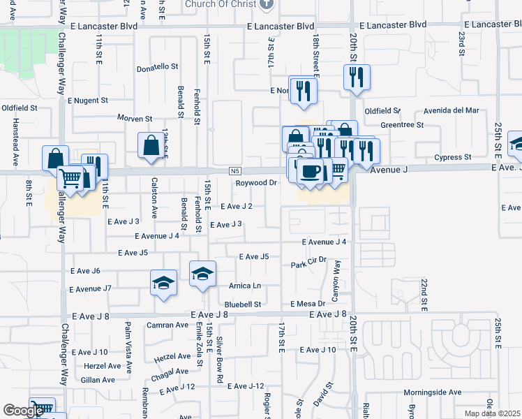 map of restaurants, bars, coffee shops, grocery stores, and more near 44261 Sunmist Court in Lancaster