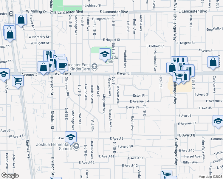 map of restaurants, bars, coffee shops, grocery stores, and more near 44266 Raysack Avenue in Lancaster