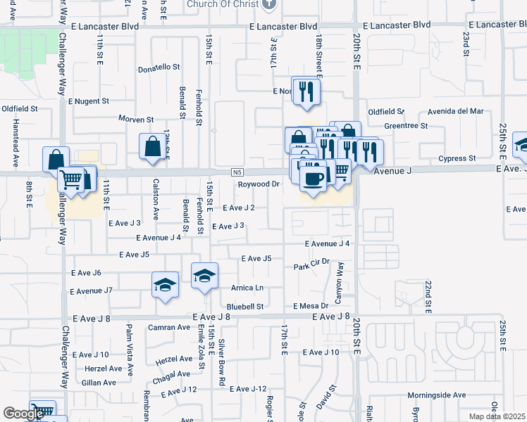 map of restaurants, bars, coffee shops, grocery stores, and more near 44261 Sunmist Court in Lancaster