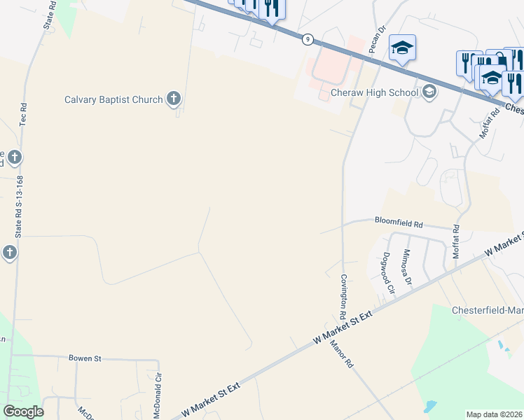 map of restaurants, bars, coffee shops, grocery stores, and more near 7 Reid Road in Cheraw