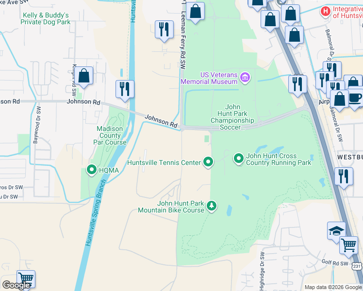 map of restaurants, bars, coffee shops, grocery stores, and more near 2499 Johnson Road Southwest in Huntsville
